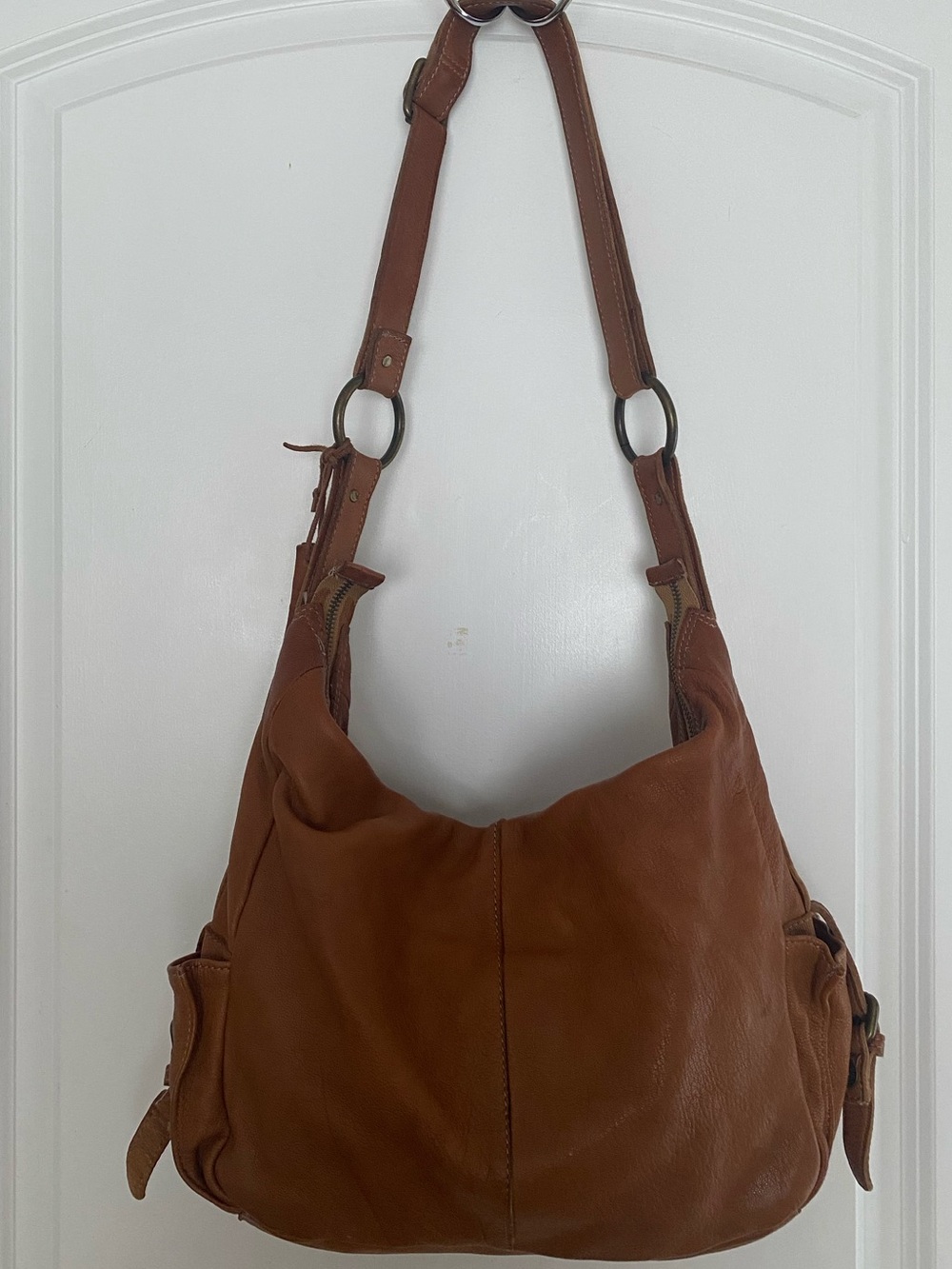 Tano Hobo Slouch Shoulder Bag Pebbled Leather In Cognac Hippie 70s Vintage Style - Picture 4 of 13